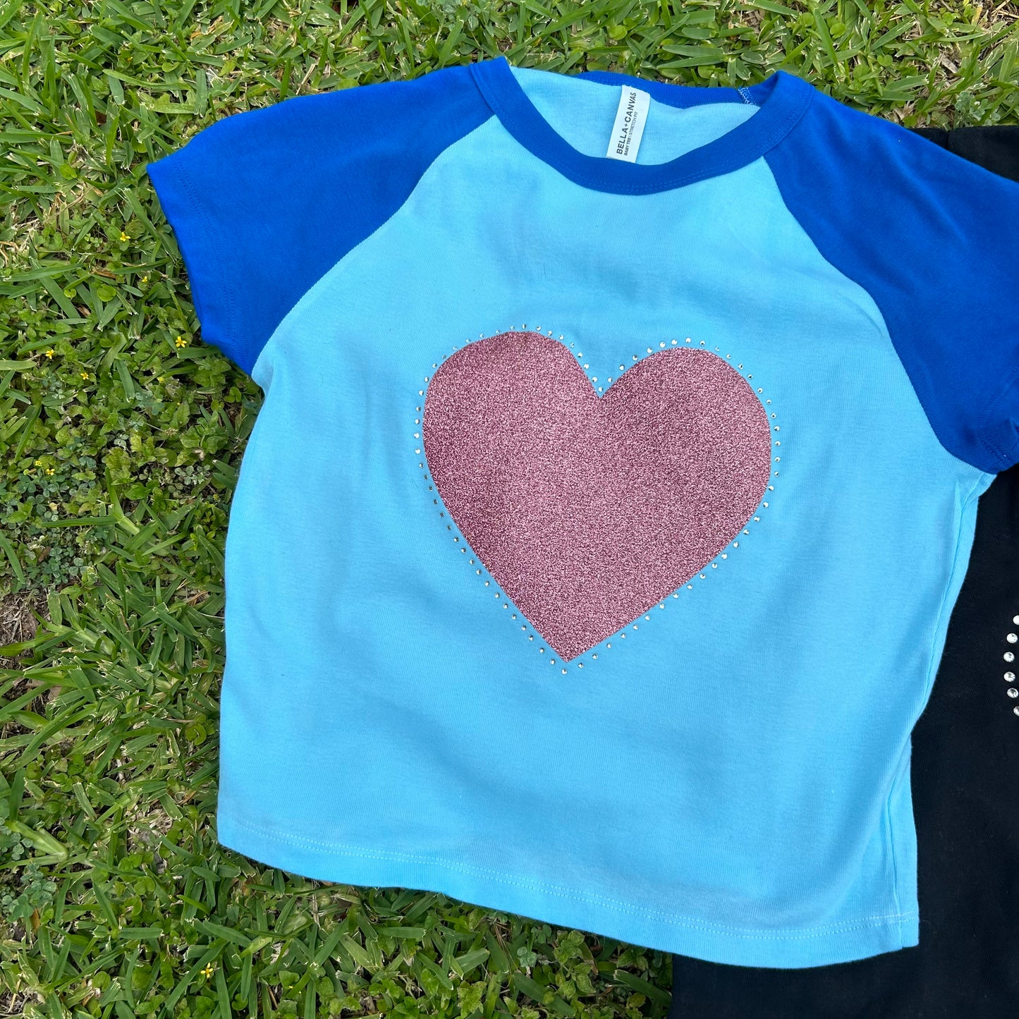 Pink Glitter Heart Blue Baby Tee