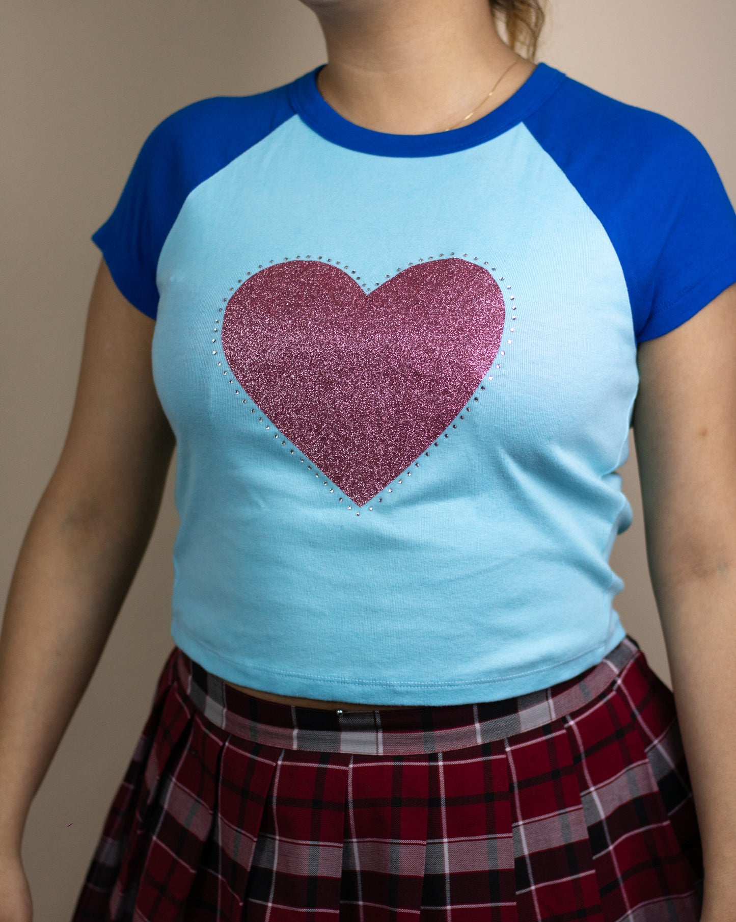 Pink Glitter Heart Blue Baby Tee