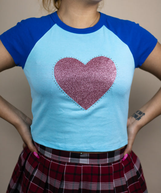 Pink Glitter Heart Blue Baby Tee