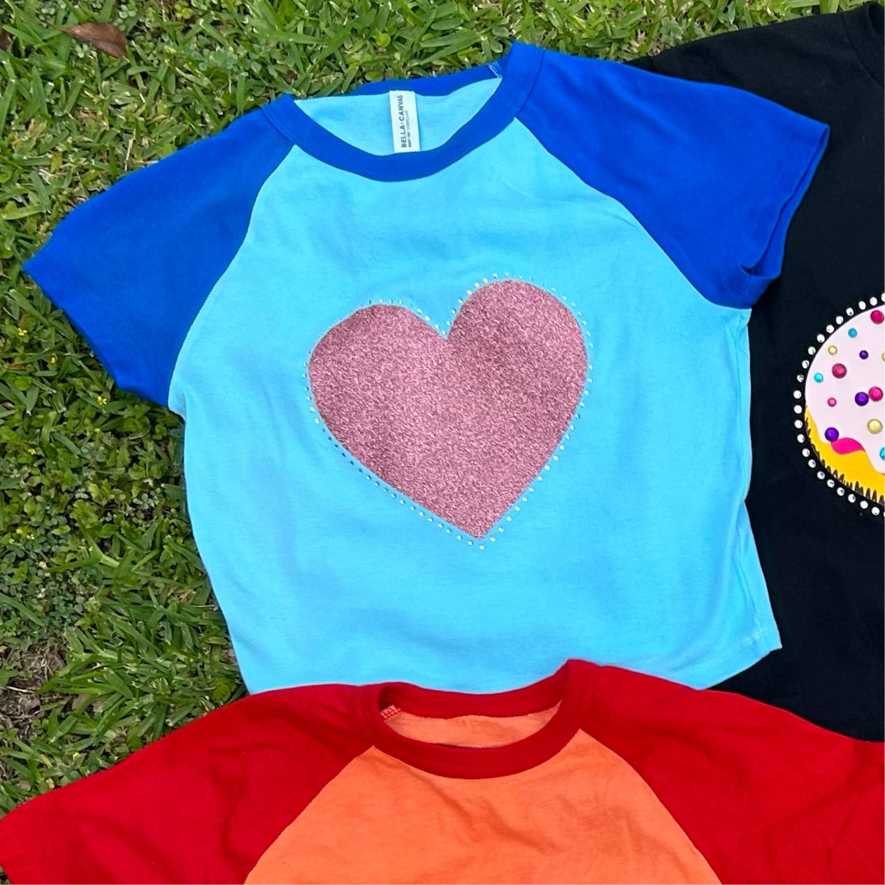 Pink Glitter Heart Blue Baby Tee